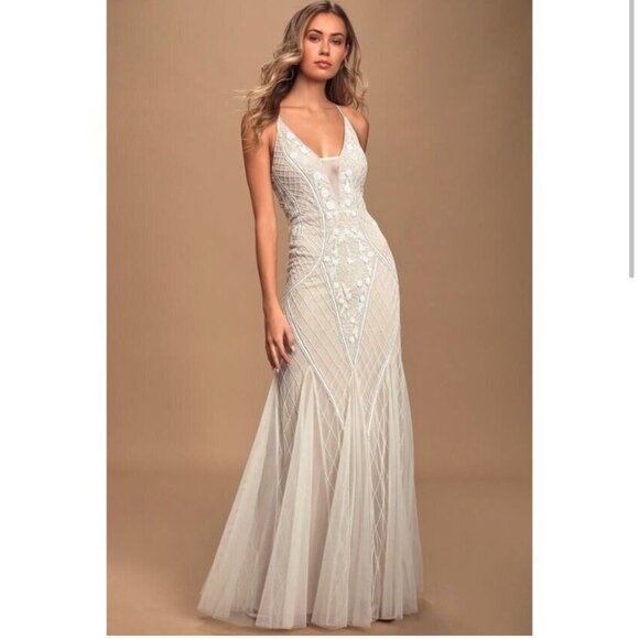 Lulus This I Promise You White Nude Beaded Sequin Maxi Dress Med 262322 - Picture 12 of 15